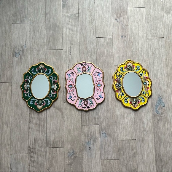 Artisan Other - Peruvian Artisan Vibrant Mirror Trio - Green, Pink, Yellow Wood 9 inch
